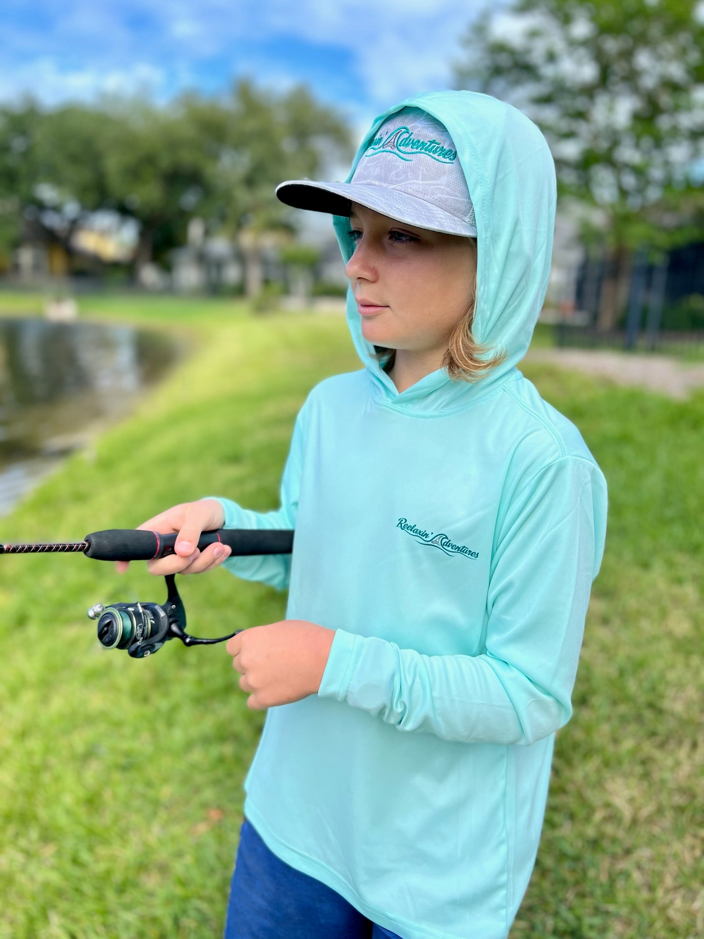 Kids Performance Fishing Hoodie - Seafoam