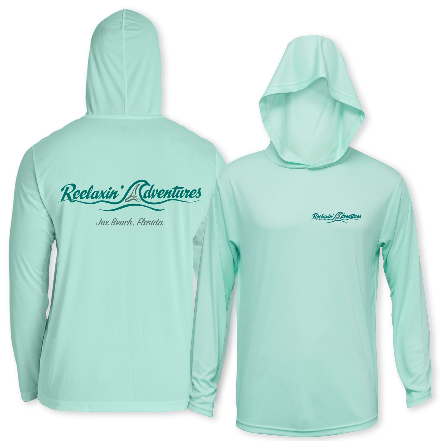 Sea Foam green performance fishing hoodie front and back with Reelaxin' Adventures logo on left front and across the back.