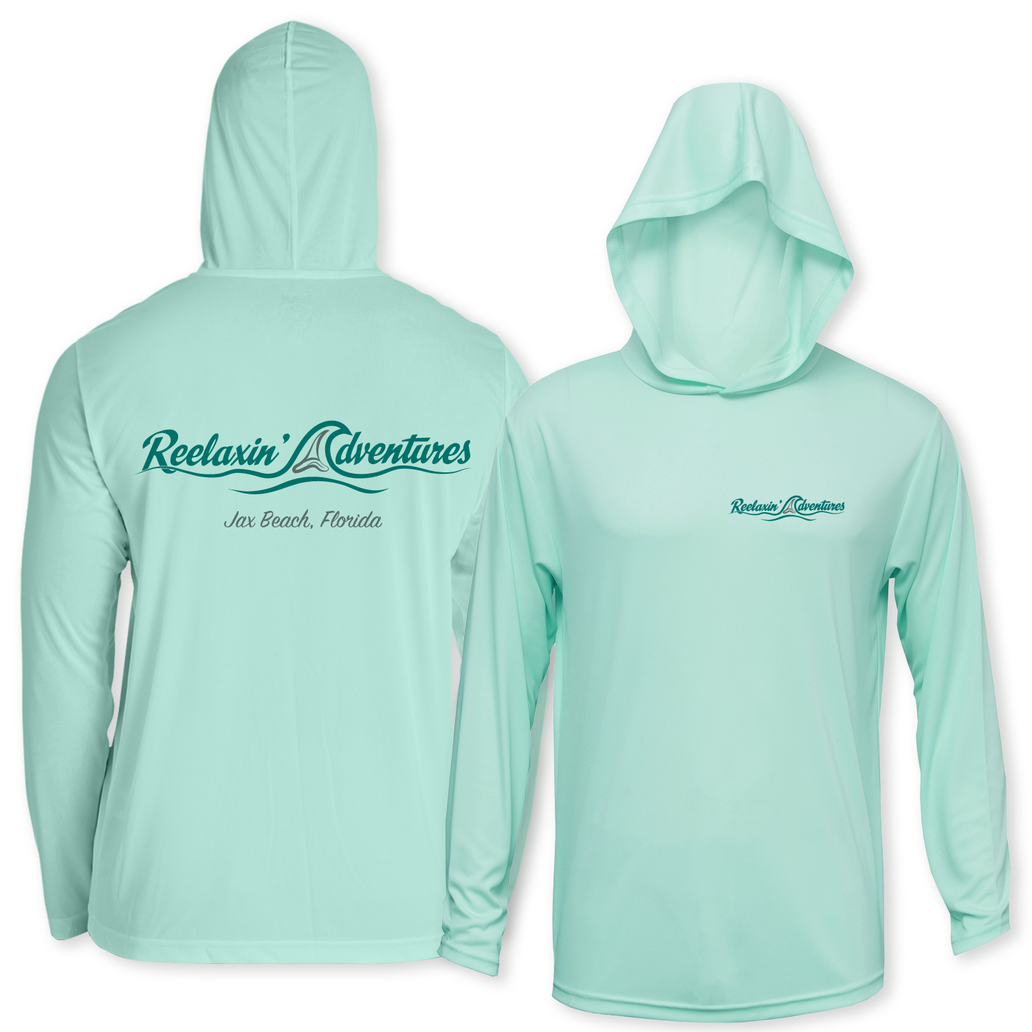Sea Foam green performance fishing hoodie front and back with Reelaxin' Adventures logo on left front and across the back.